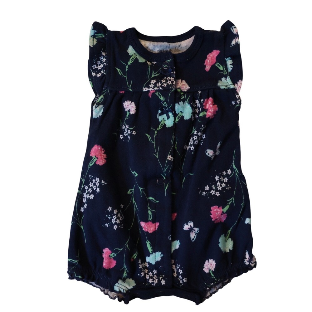 Carters Newborn Girl Navy Blue Floral Butterfly Flutter Sleeve Romper Bodysuit